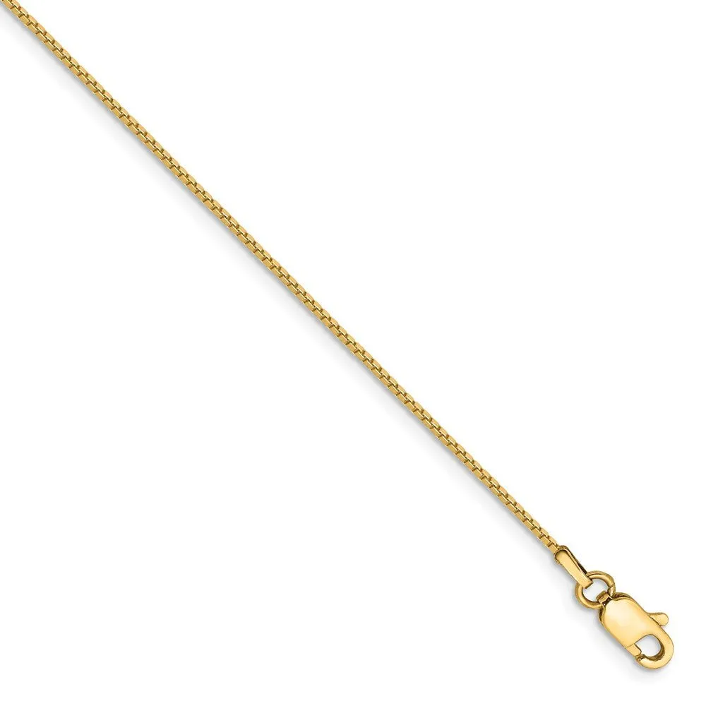 0.9mm, 14k Yellow Gold, Solid Box Chain Anklet, 9 Inch