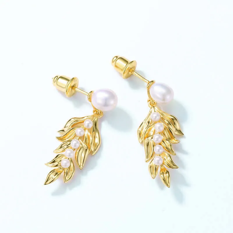 925 Silver Freshwater Pearl Multi  Leaf Earrings