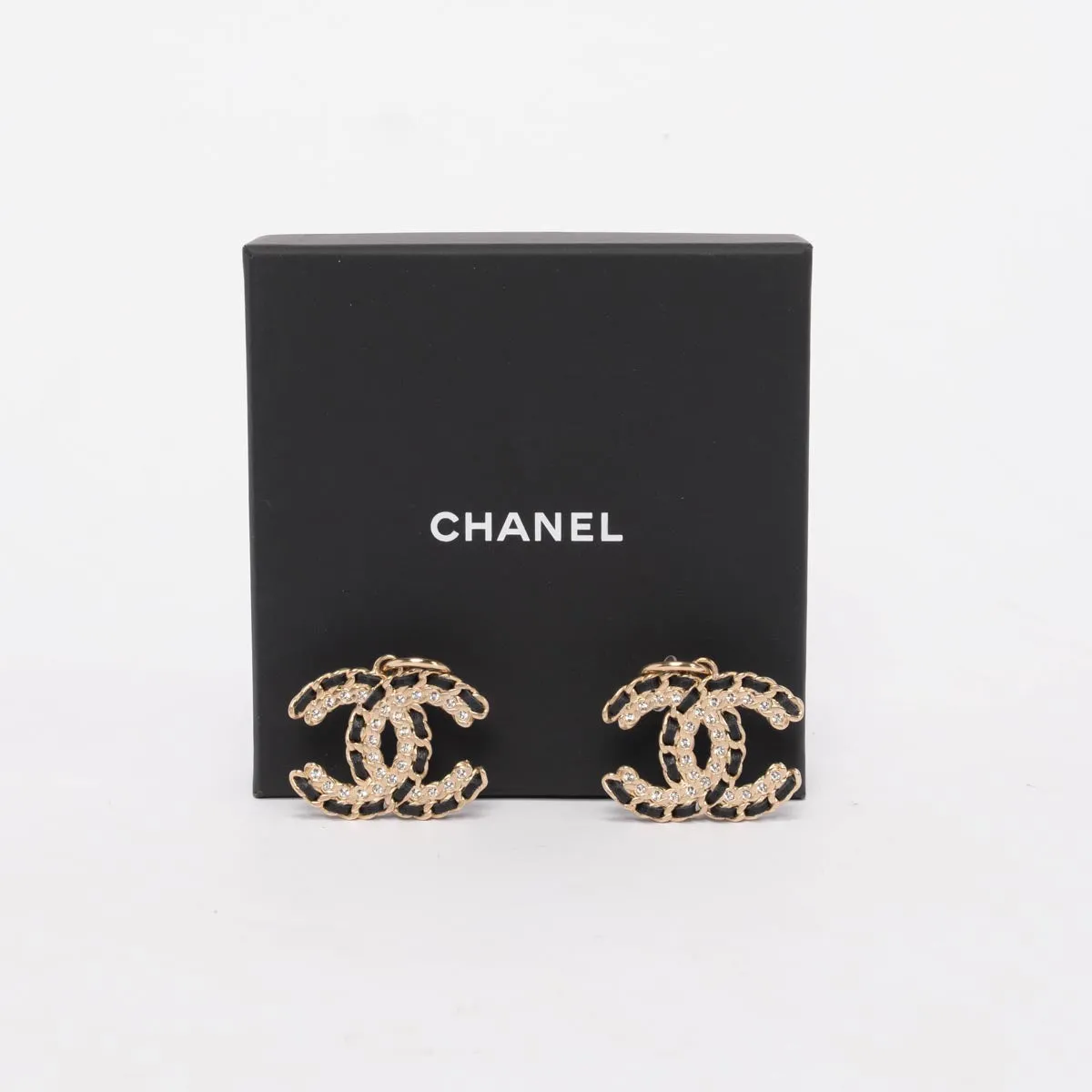 Chanel Black & Gold Crystal CC Drop Earrings