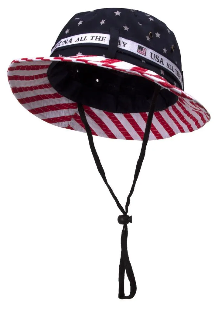 Cotton Twill Bucket Hat w/ USA Flag Print