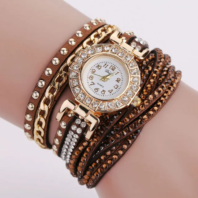 Duoya Brand Watches For Women Gold Fashion Bracelet Crystal Rhinestone Wristwatch Leather Casual Electronic Quartz Clock Watch