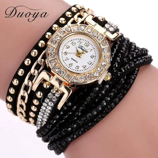 Duoya Brand Watches For Women Gold Fashion Bracelet Crystal Rhinestone Wristwatch Leather Casual Electronic Quartz Clock Watch