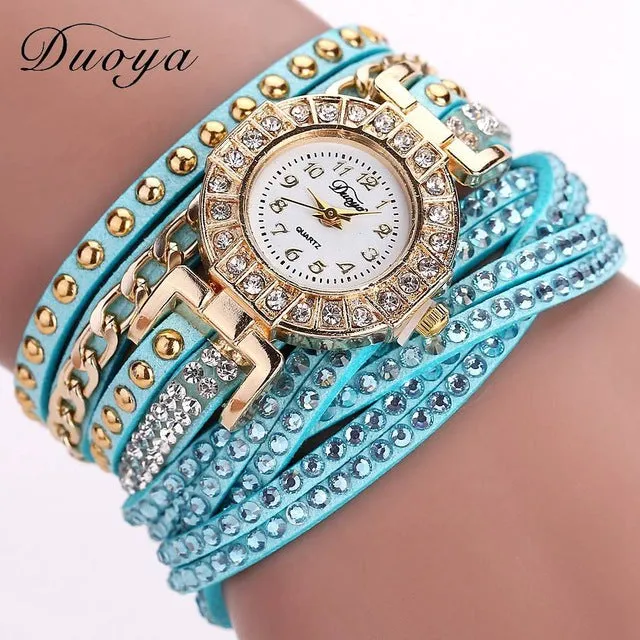 Duoya Brand Watches For Women Gold Fashion Bracelet Crystal Rhinestone Wristwatch Leather Casual Electronic Quartz Clock Watch