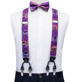 Hi-Tie Purple Paisley and Floral Men's Suspender Bowtie Pocket Square Cufflinks Set