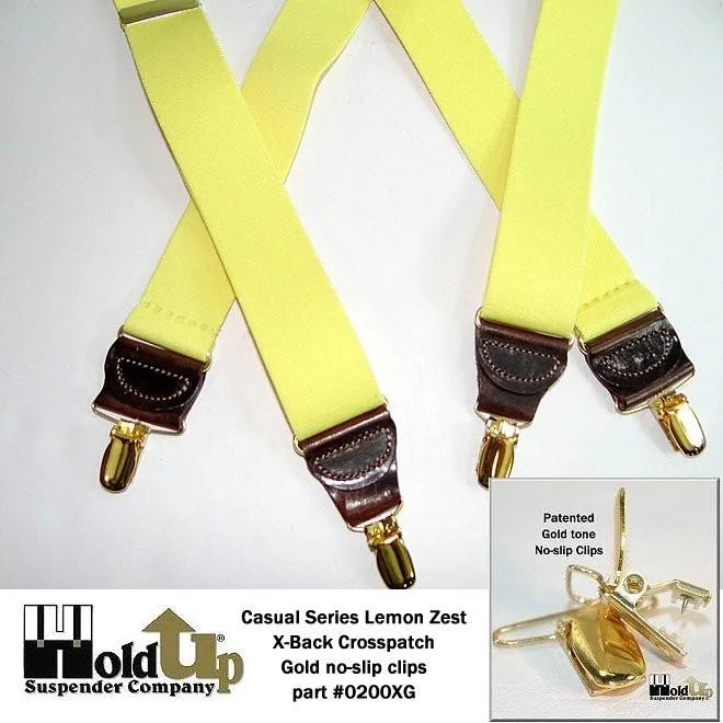 Hold-Ups Lemon Zest Yellow 1 1/2" wide Suspenders in X-back with USA Patented No-slip Gold Clips