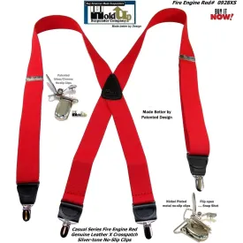 HoldUp Brand Fire Engine Red X-back Suspenders in 1 1/2" width and USA Patented No-slip Silver-tone Clips