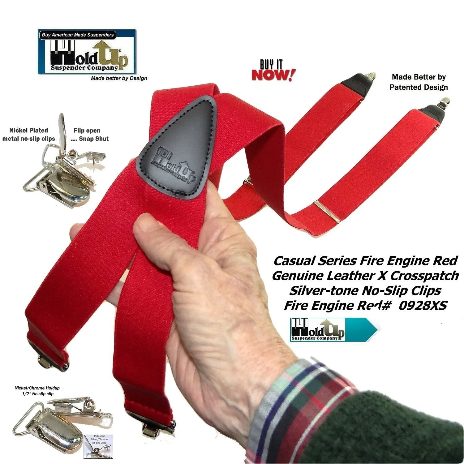 HoldUp Brand Fire Engine Red X-back Suspenders in 1 1/2" width and USA Patented No-slip Silver-tone Clips