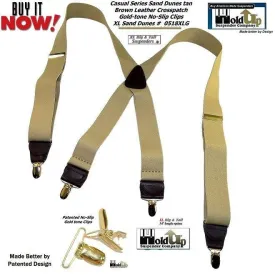 HoldUp Brand XL Tan Casual Series Suspenders in X-back and USA Patented Gold Clips for the big and tall man