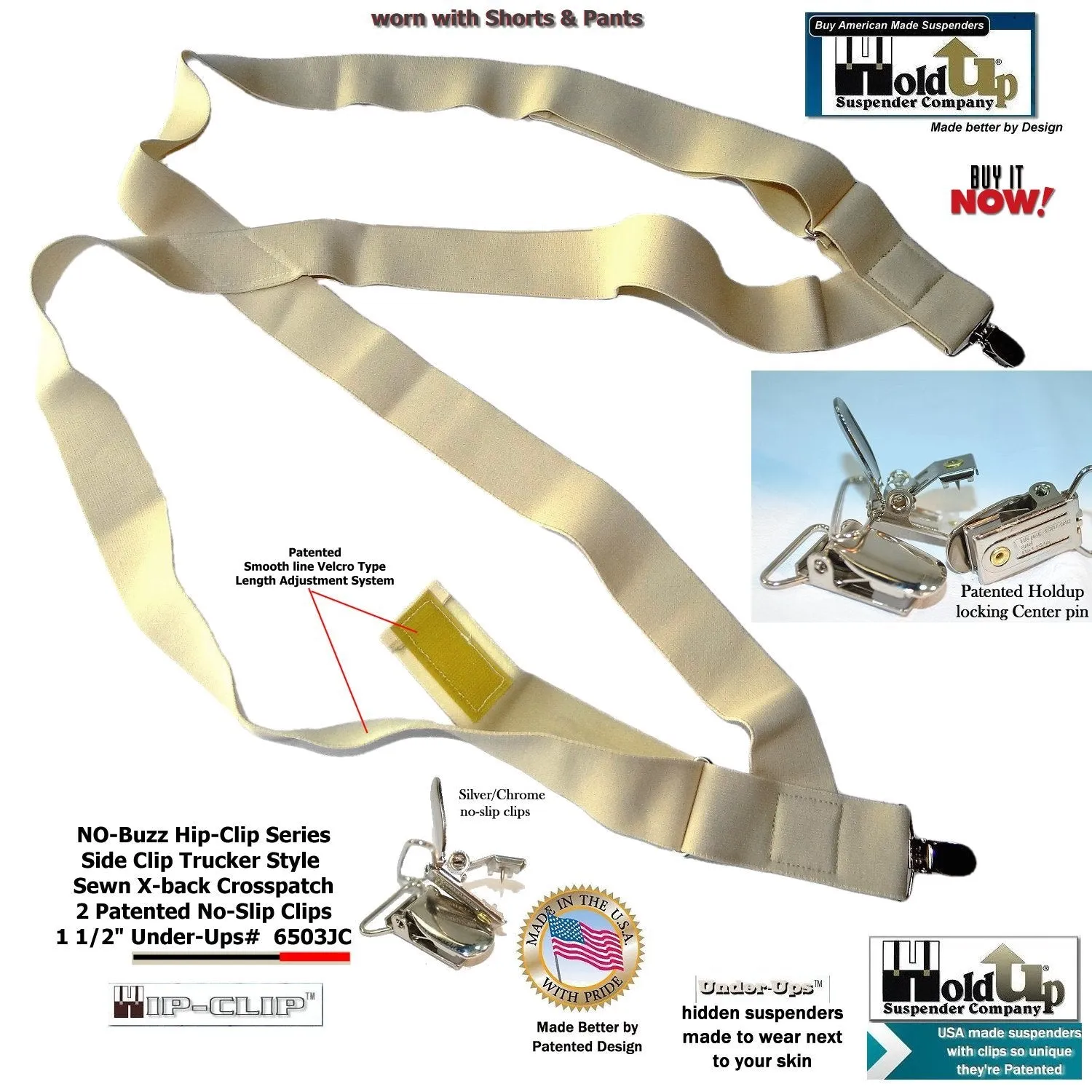 HoldUps Brands 1 1/2" Wide Under-Up Series Light Beige Suspender Hip Clip Style With Patented No-slip Clips