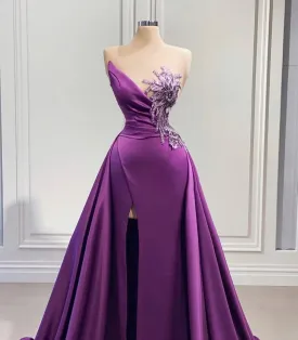 Purple Mermaid Dress With High Slit Detachable Train Wedding Reception Dress Satin Lace Wedding Dress African Prom Dress Evening Dress