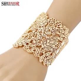 SHEEGIOR Love Wide Hollow Big Bangles Bracelets for Women Silver/Gold Open Bangle Flower Love Cuff Bracelet Mens Fashion Jewelry