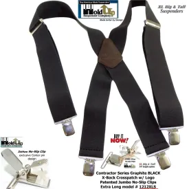 Wide XL Big and Tall Graphite Black Work Suspenders with Patented Silver tone Jumbo No-slip Clips